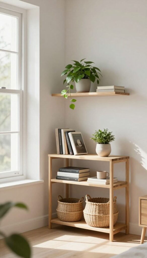 A neatly organized shelf with books, a plant, and a basket in a bright, clean room, symbolizing daily decluttering.
