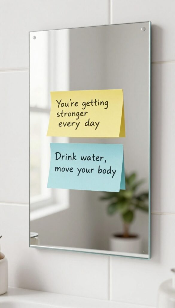 A bathroom mirror with motivational sticky notes at eye level, bathed in natural light.