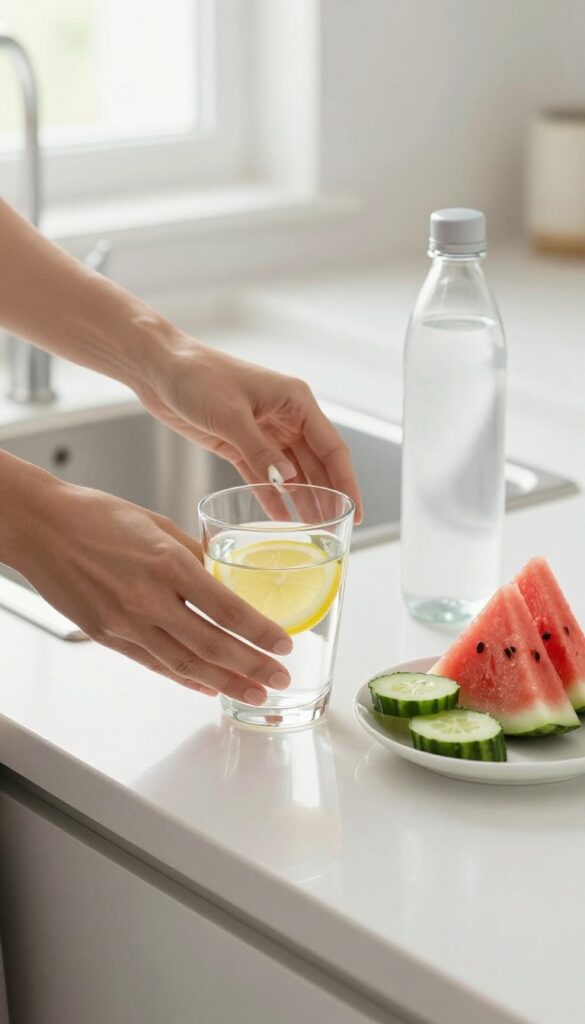 Woman holding a glass of water with lemon beside a water bottle and hydrating fruits