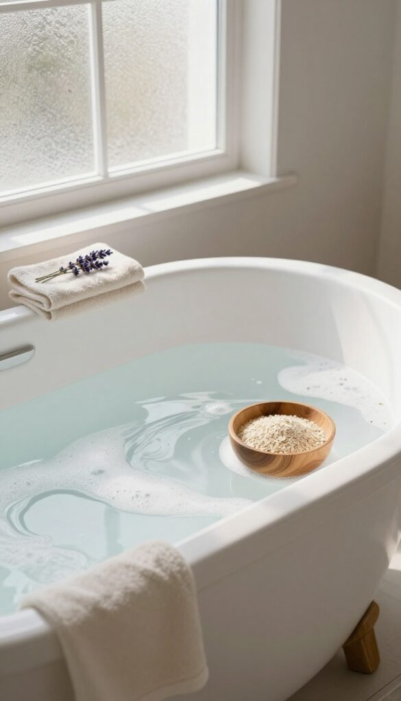 A calming oatmeal bath soak setup with a milky tub, wooden bowl of oatmeal, and soft natural light.