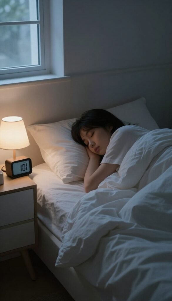 Person sleeping peacefully in a dark, calm bedroom with a consistent sleep schedule, symbolizing a beauty glow-up through rest.
