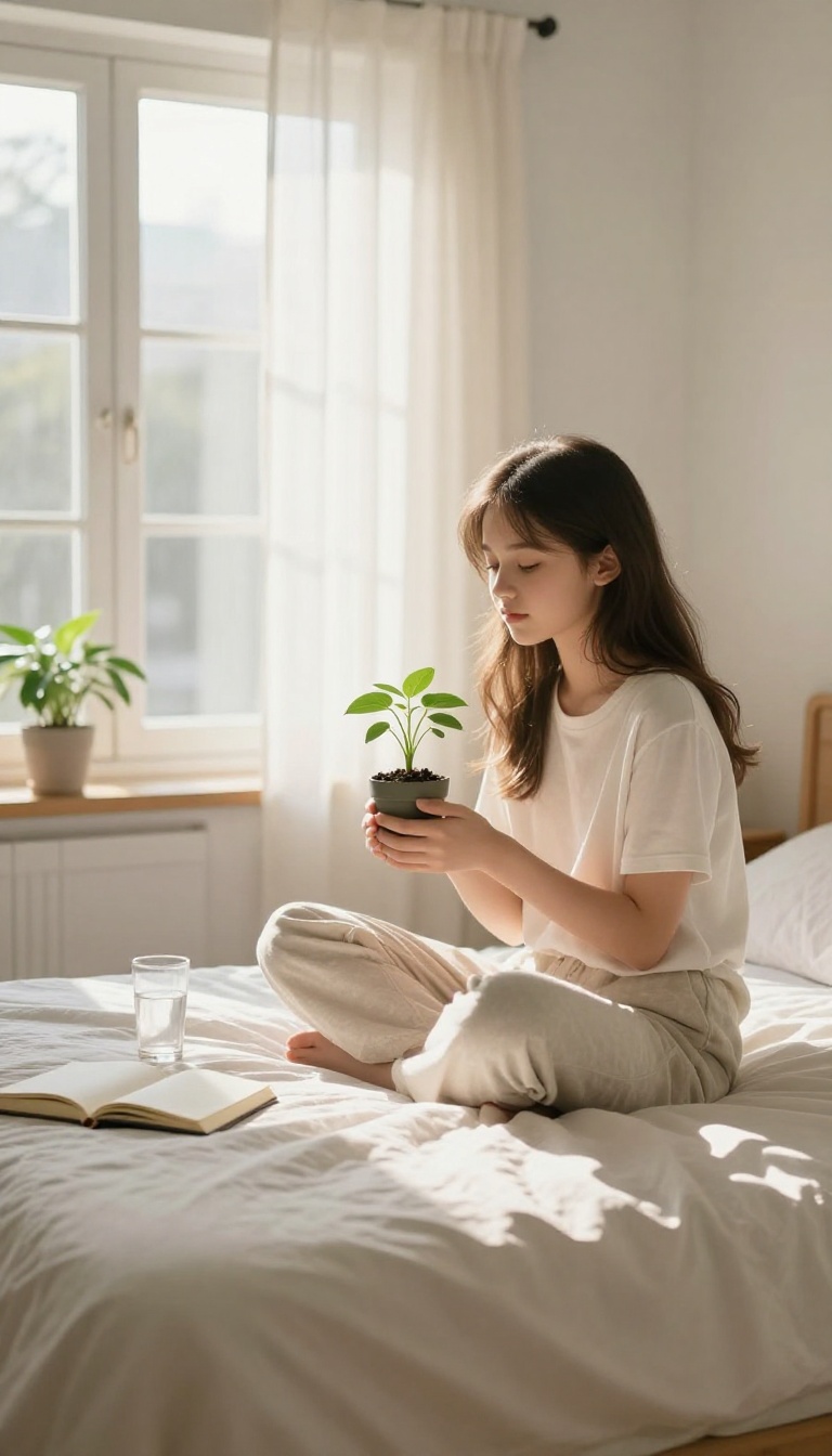 Teen girl sitting on bed with plant, looking out window, patient self-care moment