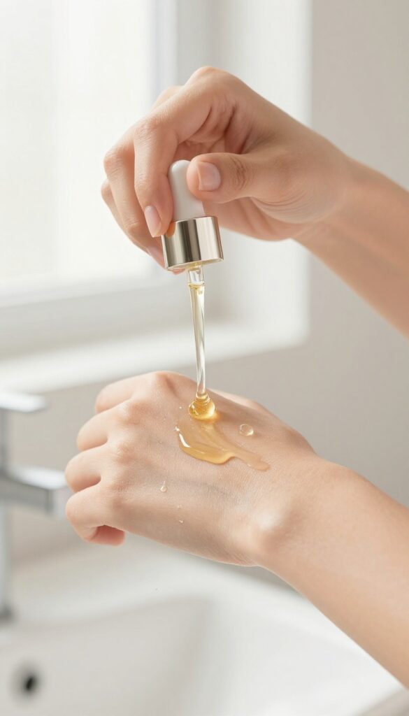 Woman applying golden body oil to her arm in a bright bathroom