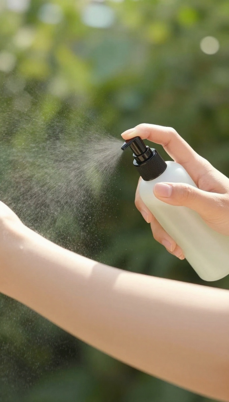 Woman applying sunscreen spray to her arm outdoors in bright sunlight, glowing skin