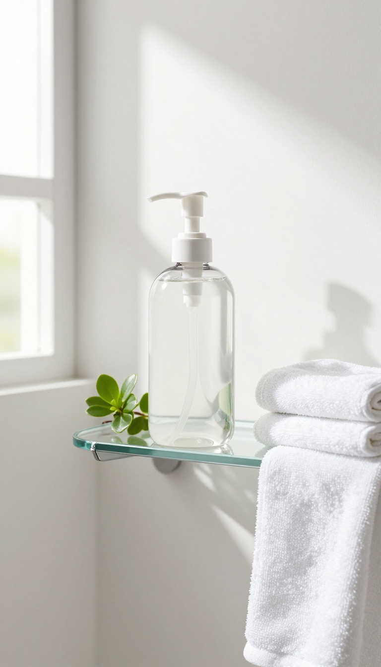 A clear bottle of deodorizing body cleanser on a shower shelf with a plant and towel, in bright natural light.