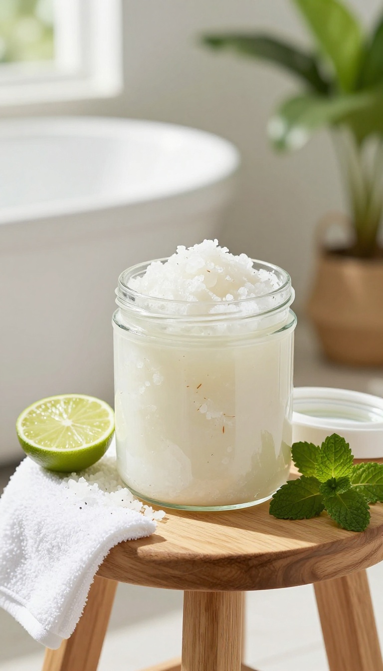 Glass jar of coconut and sea salt body polish with lime slices in a bright bathroom