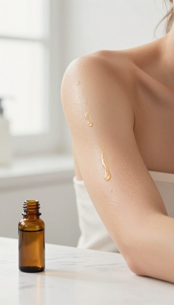 Woman applying body oil to her arm for a glowing, dewy finish in a bright bathroom