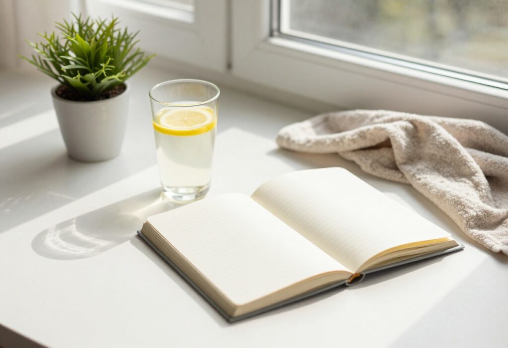 Flat lay of morning glow up essentials including lemon water, journal, and plant