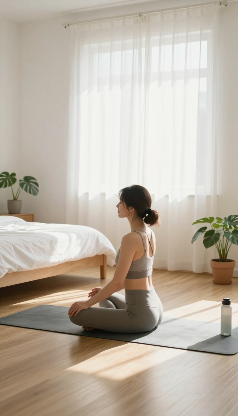 Woman doing a morning stretch on a yoga mat in a sunlit bedroom