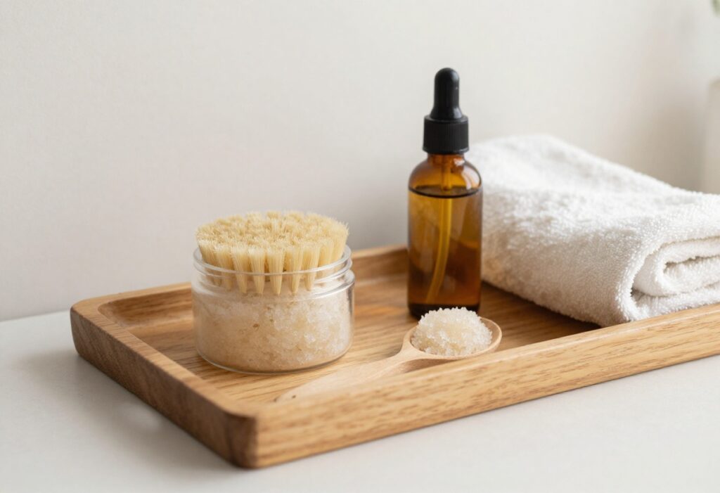 Body care ritual items arranged on a wooden tray in a bright bathroom