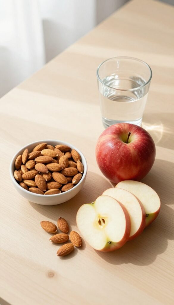 Healthy snack spread with almonds, apple slices, and water on a wooden table