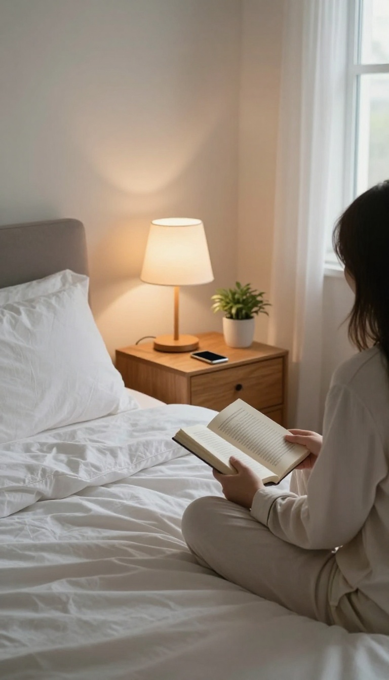 A person reading a book in a cozy bedroom at night, with a smartphone set aside, symbolizing limiting screen time before bed.