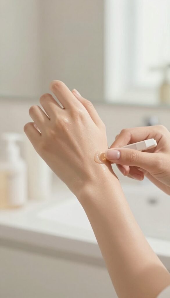 Applying perfume to pulse point on inner wrist in bright bathroom with skincare products nearby