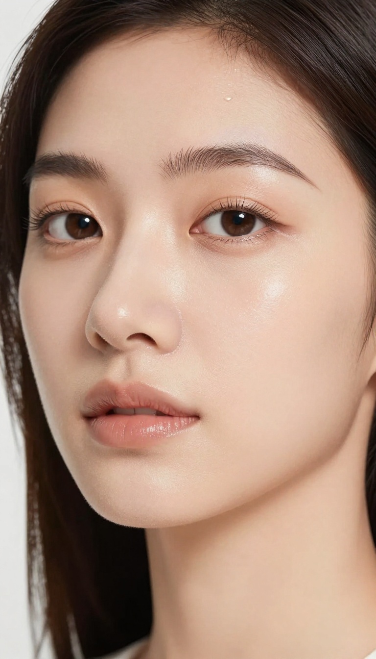 Close-up of a woman's face with soft glow makeup, highlighting cheekbones, nose bridge, and cupid's bow.
