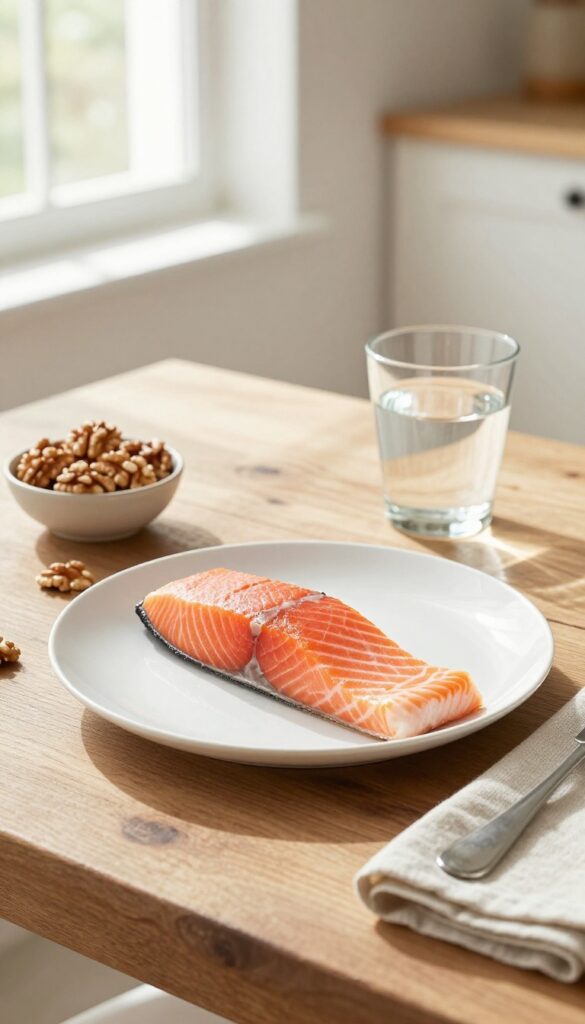 Overhead view of a plate with salmon and a bowl of walnuts on a wooden table, representing omega-3 rich foods for skin health.