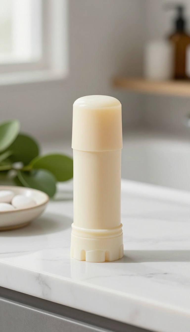 A natural cream deodorant stick on a marble countertop with a plant and stones in soft light.