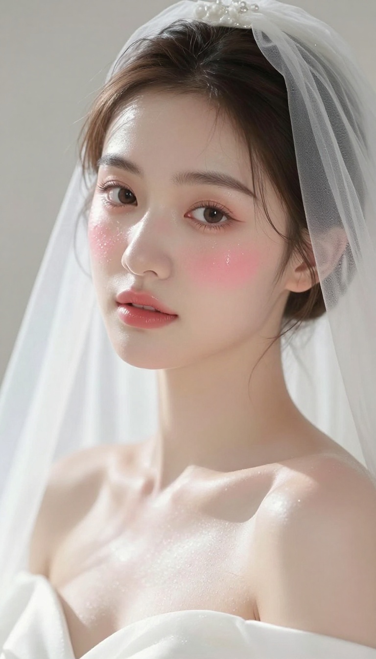 Bride with radiant glow makeup look, soft pink blush and subtle highlight, dewy skin, natural beauty photography