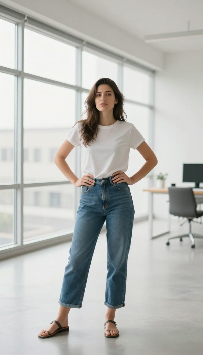 Woman practicing a power pose in a bright office, radiating confidence and calm.