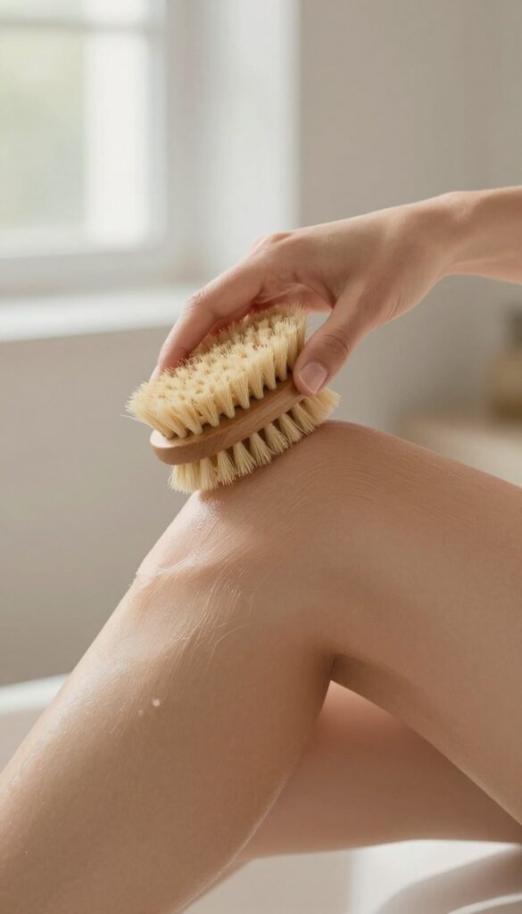 Woman dry brushing her leg with a natural-bristle brush in a bright bathroom