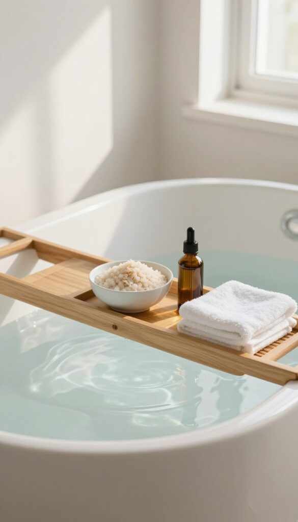 A serene bathroom with a warm bath and skin-soothing bath products.