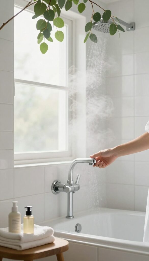 Warm shower with eucalyptus and soft natural light in a clean bathroom