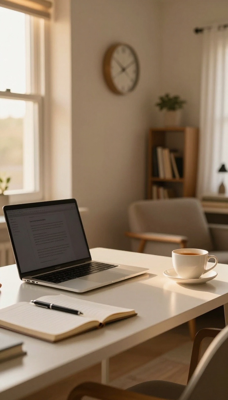 A tidy home office with a closed laptop and a clock showing 6 PM, symbolizing a work curfew.