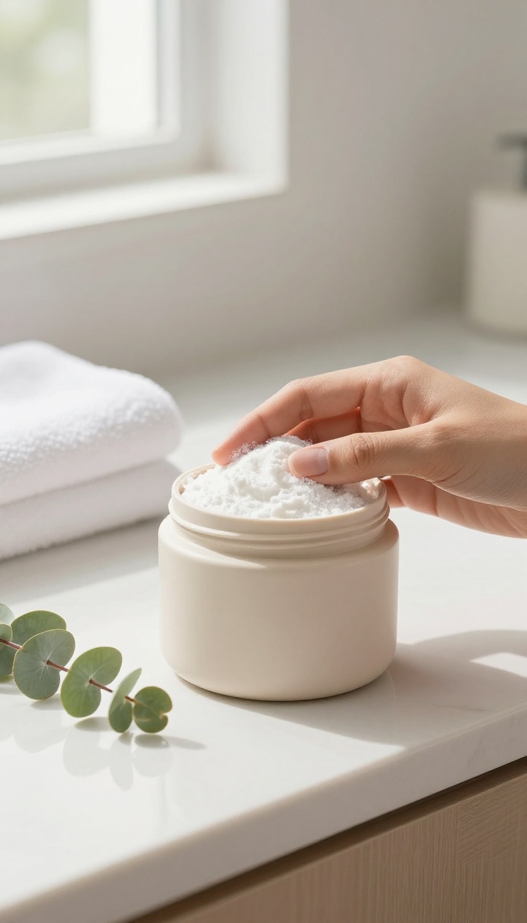 Hand holding a jar of body powder on a bathroom counter with a towel and eucalyptus