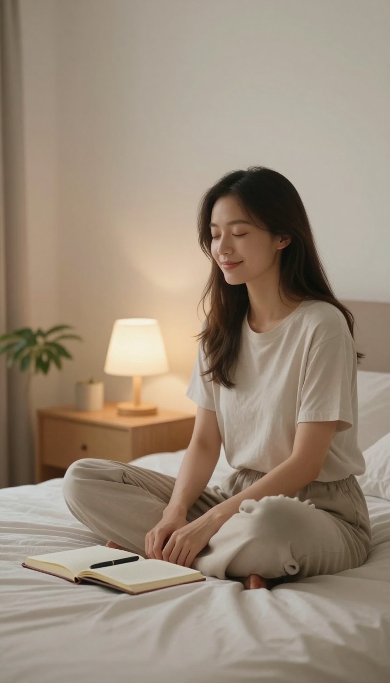 Woman reflecting peacefully on her bed at night with a journal nearby