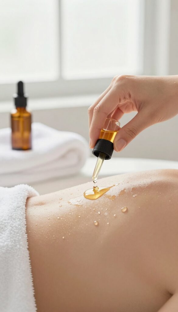 Woman applying body oil to damp skin after a shower in a bright bathroom.