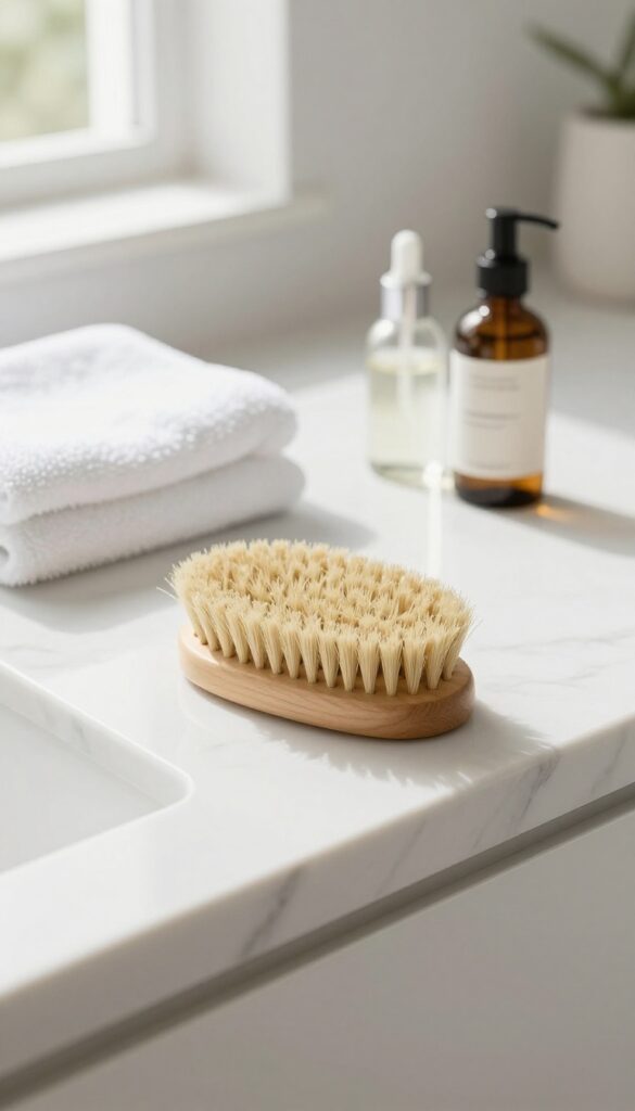 Dry brush and body oil on a marble counter in a bright bathroom