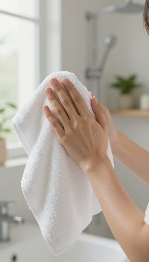 Woman gently patting her skin dry with a soft white towel after a shower, in a bright bathroom.