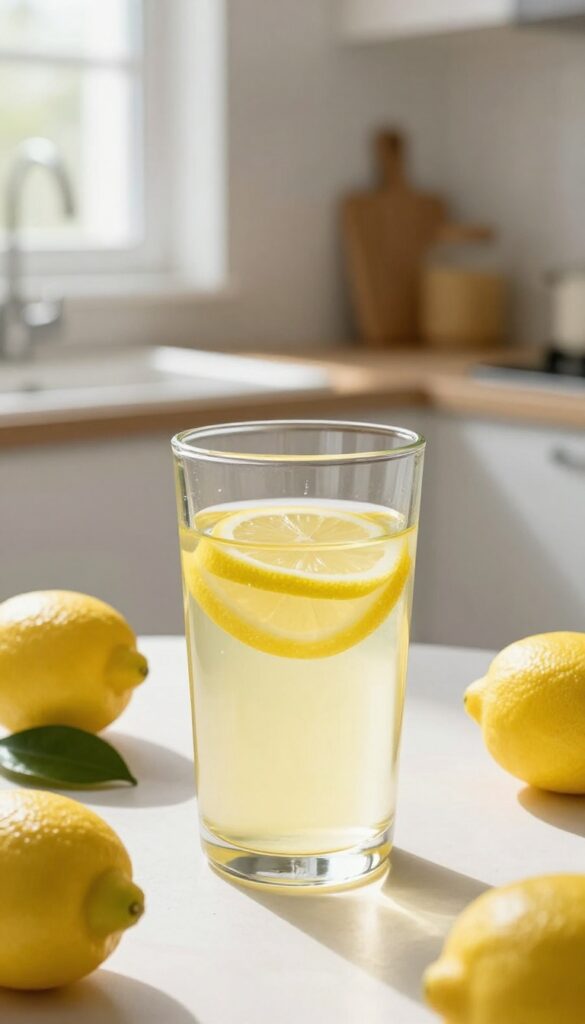 A glass of warm lemon water on a sunlit kitchen counter with fresh lemons nearby.
