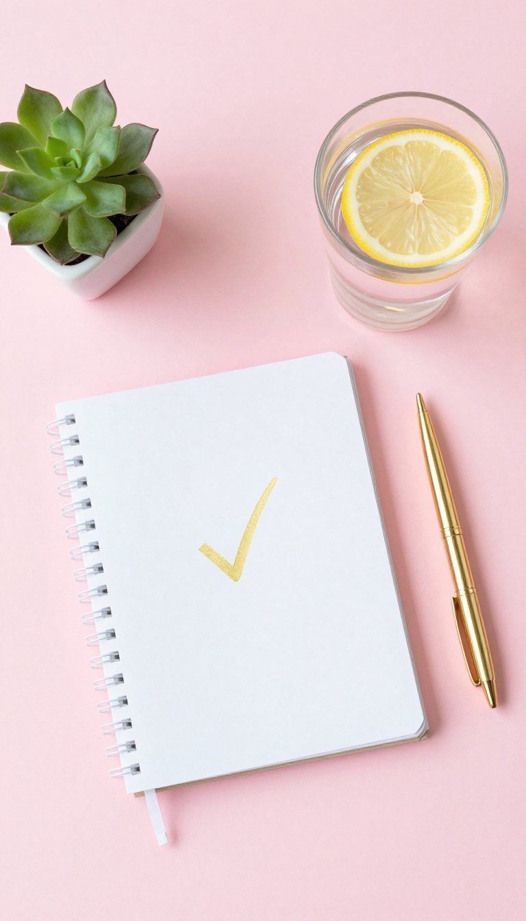 Flat lay with notebook, glass of water, succulent, and pen representing small achievable goals for teen self-care