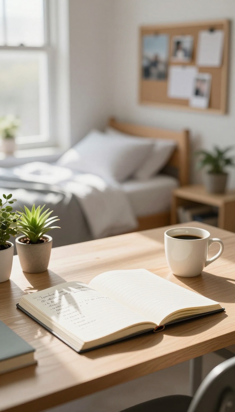 A neatly organized student desk with a notebook of handwritten goals, a coffee cup, and a plant, bathed in soft morning light.