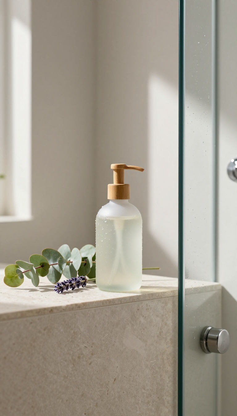 A clear glass bottle of essential oil body wash with a wooden pump, placed on a stone ledge in a bright, modern shower, with eucalyptus and lavender nearby.
