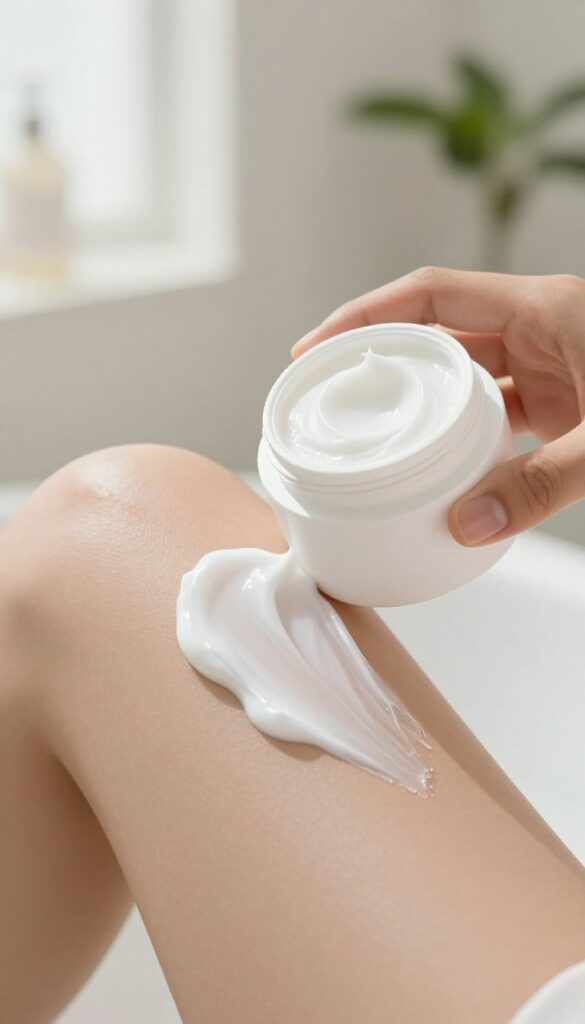 Hand applying peptide body cream to arm in bright bathroom