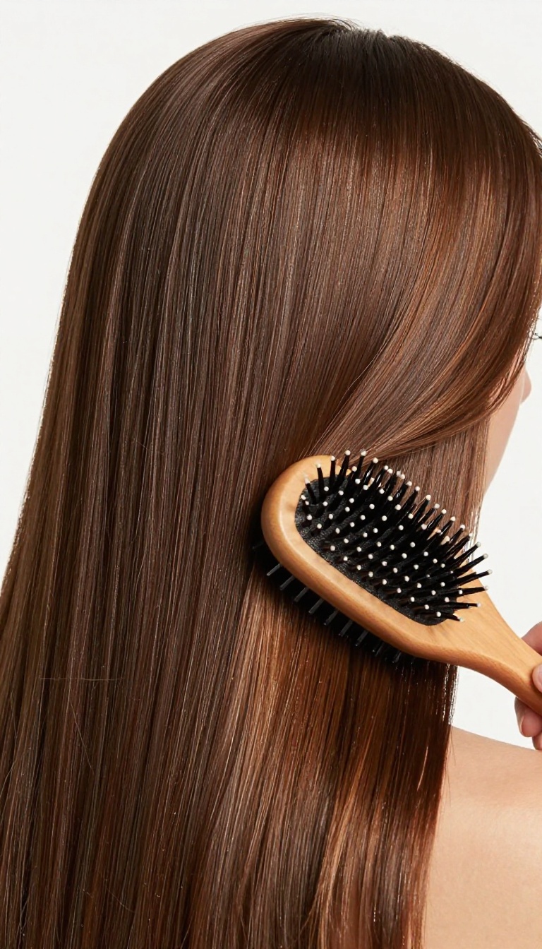 Woman brushing her shiny hair with a boar bristle brush in natural light.