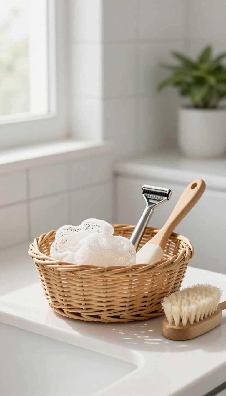 Clean bathroom tools in a basket, including a loofah, razor, and shower brush, in bright natural light.