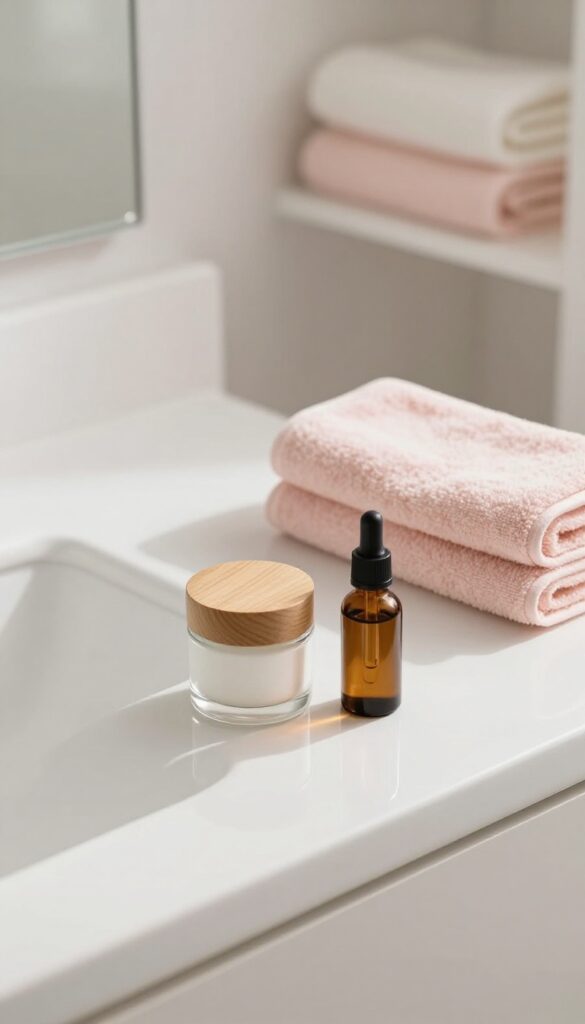 A calm and tidy nighttime skincare setup with a glass jar, dropper bottle, and towel in soft warm light.