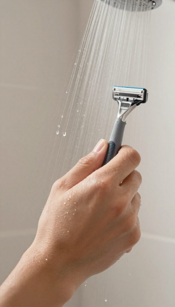 Man shaving his leg under a warm shower with steam and water droplets, illustrating the first step of a body shaving routine.