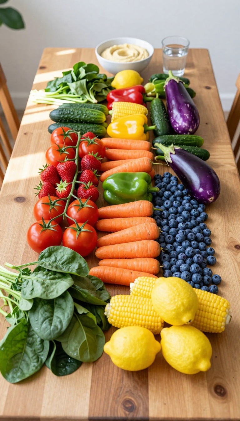 A colorful rainbow arrangement of fresh fruits and vegetables on a wooden table in natural light, representing a healthy diet.