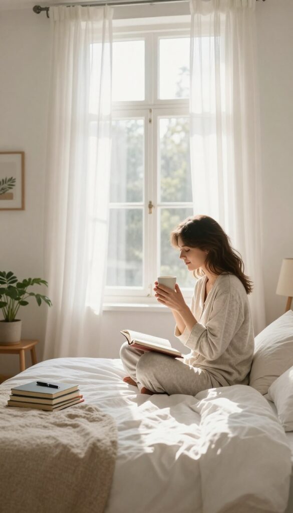 Woman enjoying a peaceful morning with coffee and journal in a bright bedroom