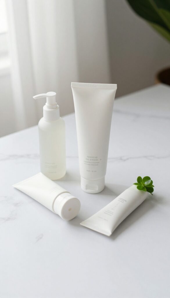 Minimalist skincare products arranged on a white marble surface with natural light