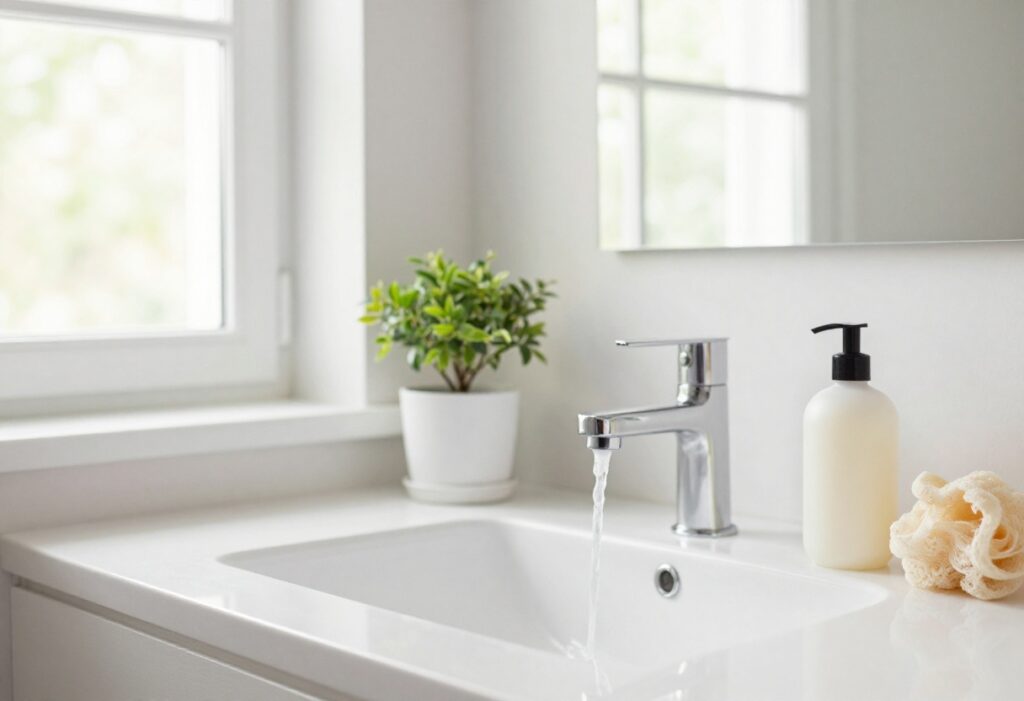 A collection of body care products on a bathroom counter, including body wash, lotion, and a loofah, with soft lighting.