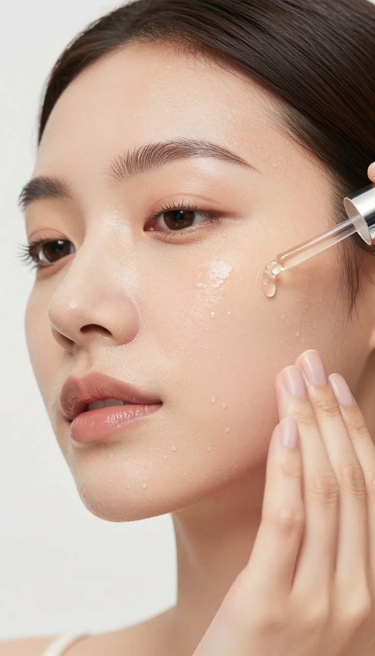 Woman applying hydrating serum to her damp skin for a dewy glow