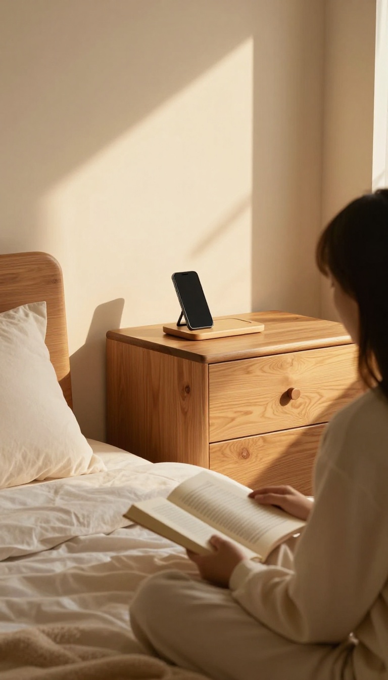 A peaceful bedroom scene with a phone charging away from the bed and a person reading a book, representing a digital sunset routine.