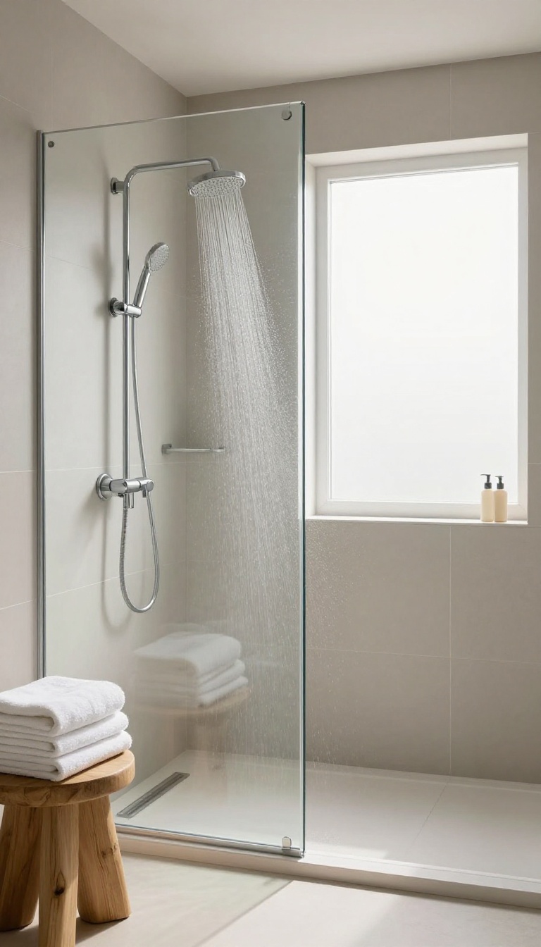 Hand adjusting a showerhead in a bright, minimalist bathroom with lukewarm water flowing.