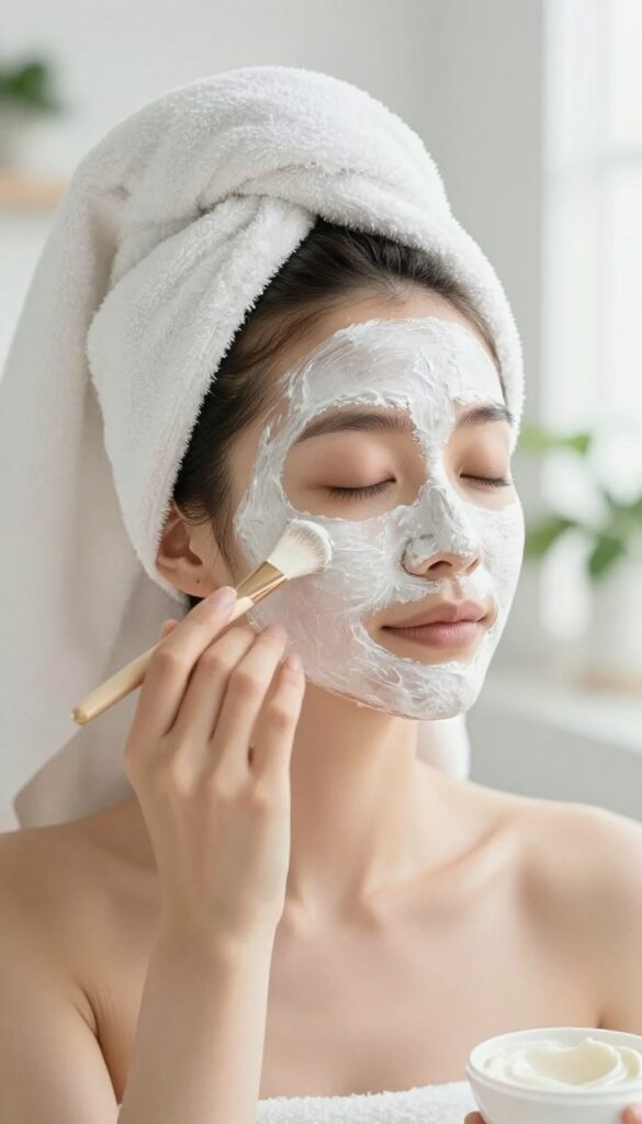 Woman applying a white clay face mask in a bright bathroom, glowing skin, spa-like atmosphere