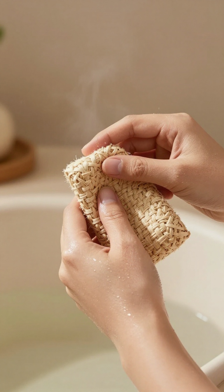 Hand using a woven kessa mitt to exfoliate skin in a steamy hammam with natural light