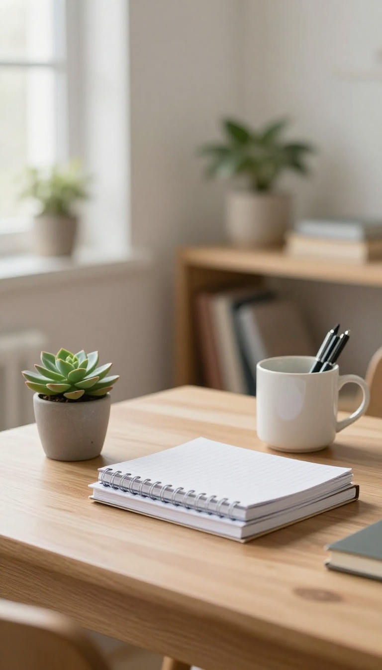 A clean, organized desk corner with a plant, notebooks, and a mug of pens in bright natural light